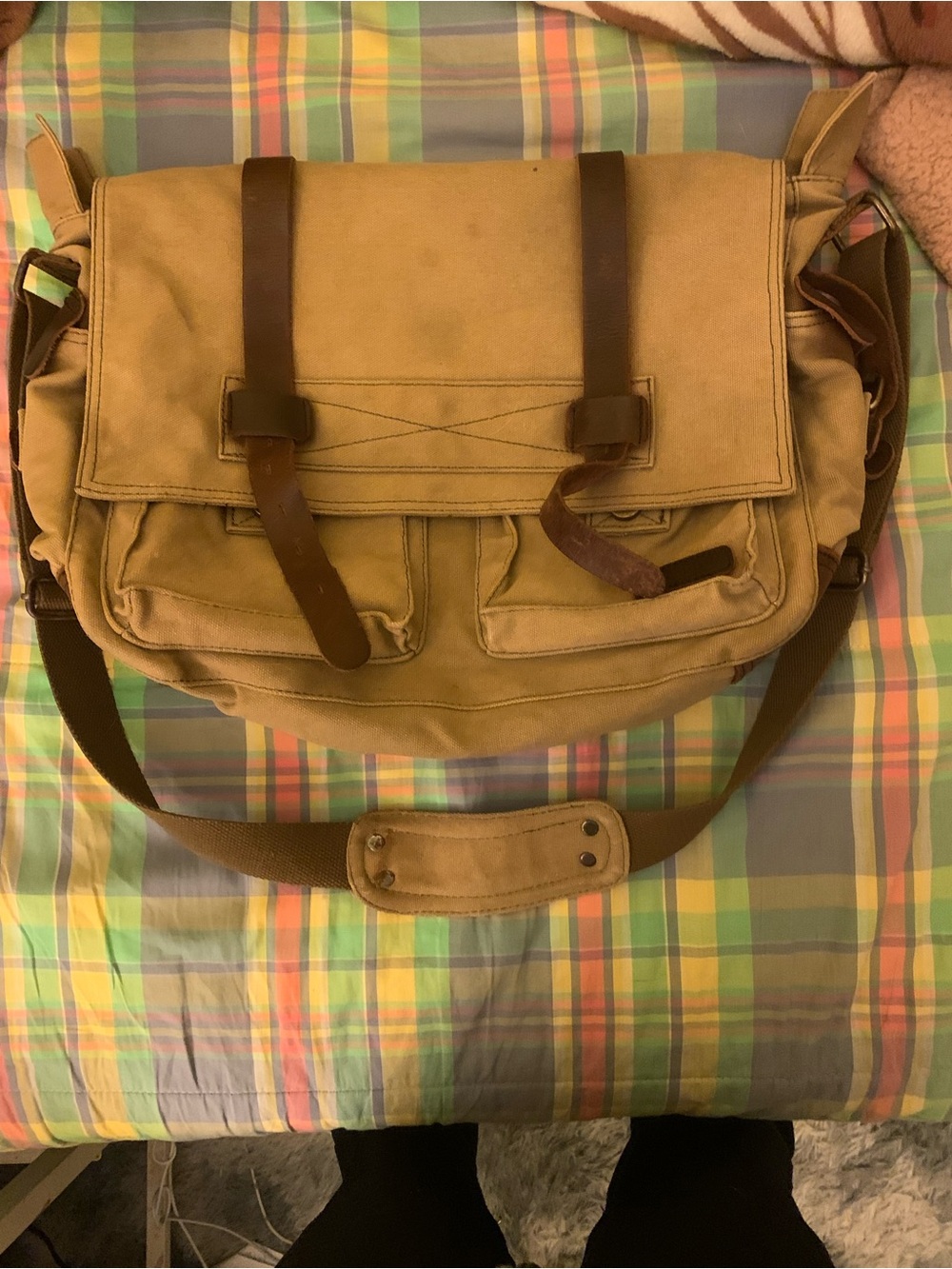 Canvas Messenger Bag with Brown Trim